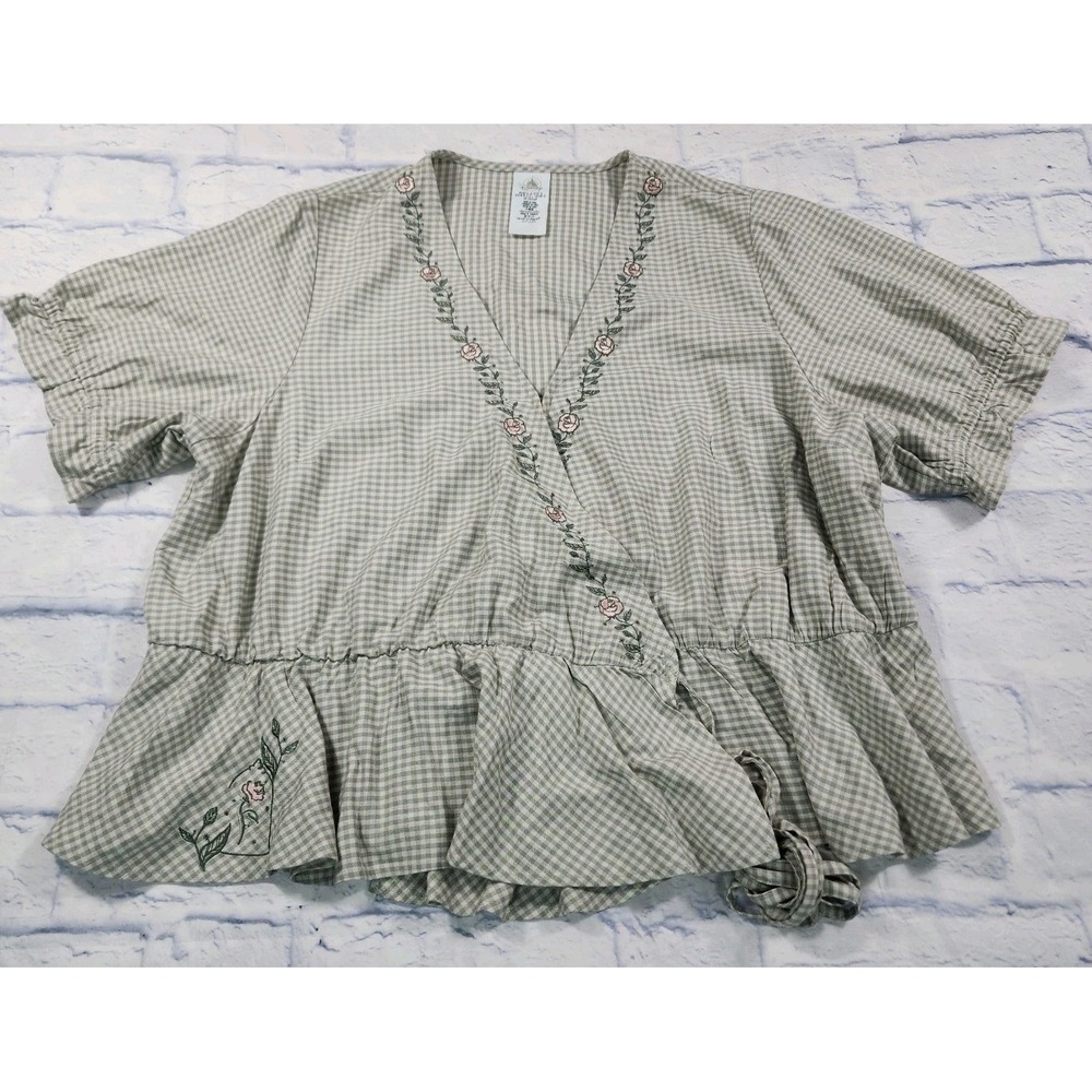 Disney WOMENS 1X Green Gingham Floral Elastic Drop Waist Wrap Top Babydoll